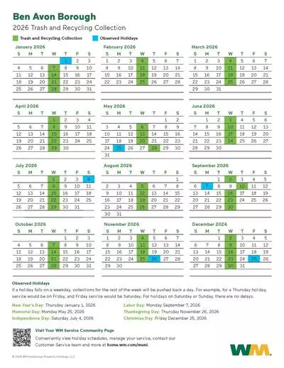 2026 WM Collection Schedule for Ben Avon